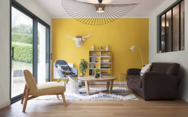 salon décorer avec un mur jaune arrière plan